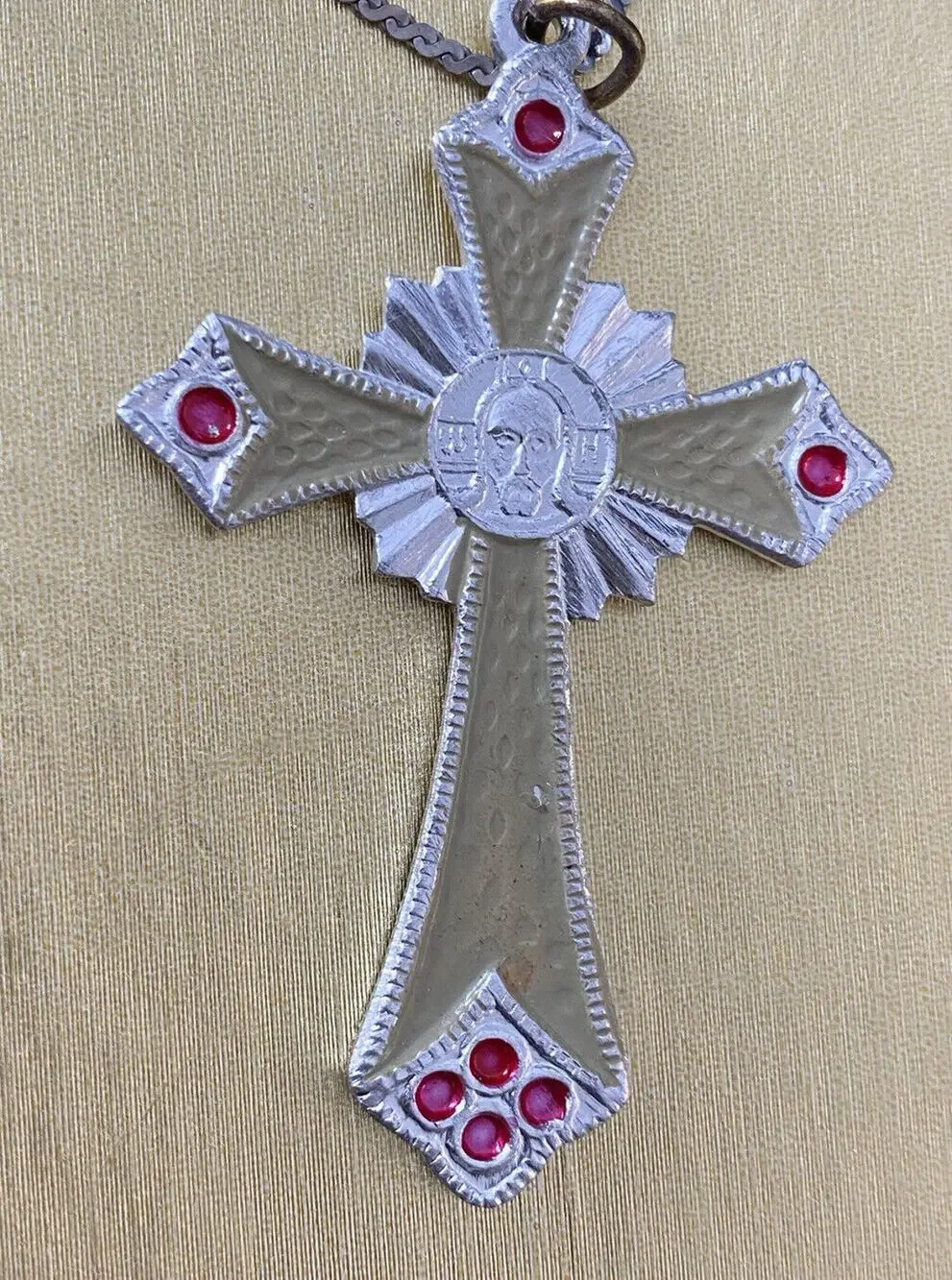 Russian Orthodox Cross Pendant Silvertone with Enameling Sterling Chain Stamped